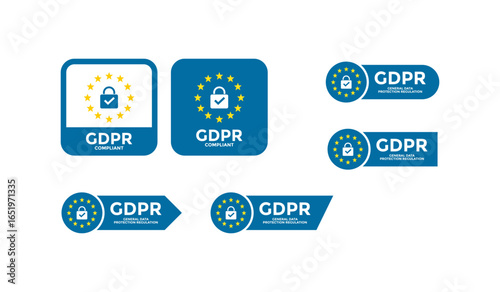 GDPR ( General Data Protection Regulation) badges logos template set with a padlock and EU stars. Suitable for websites, mobile apps, and corporate documents, privacy policy pages, consent forms 