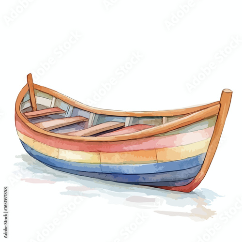 Colorful wooden rowboat with rainbow stripes watercolor style illustration