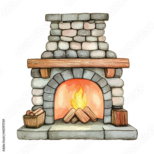 Cozy Stone Fireplace with Burning Logs and Rustic Wood Basket Illustration