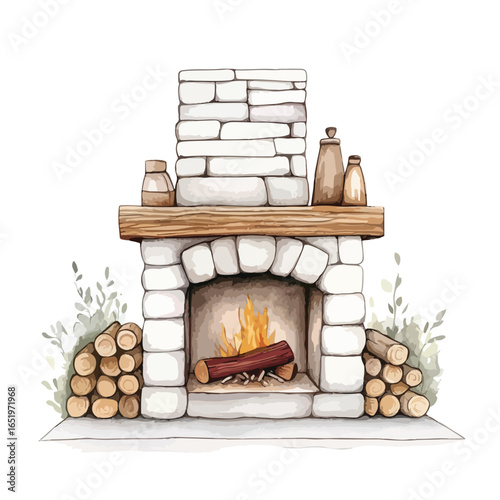 Cozy Watercolor Fireplace with Burning Fire Logs and Decorative Elements (1)
