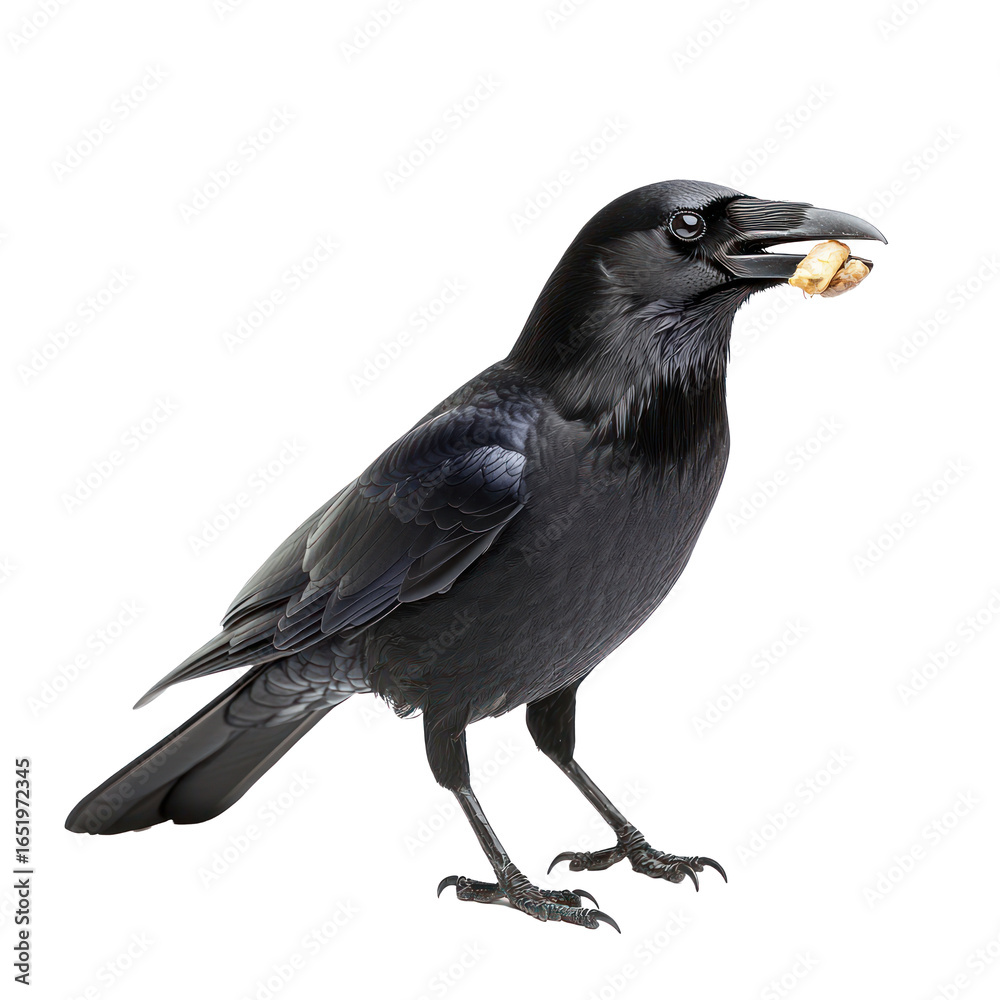 Obraz premium Crow gathering A crow gathers objects or food, holding them in its beak. full length isolate on transparent background