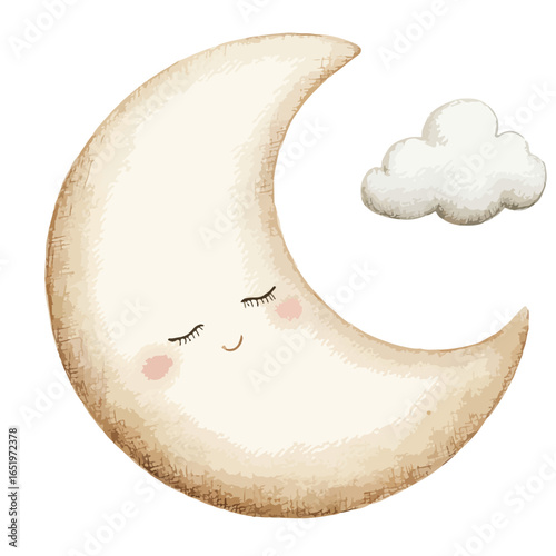 Crescent moon with closed eyes and a small fluffy cloud illustration