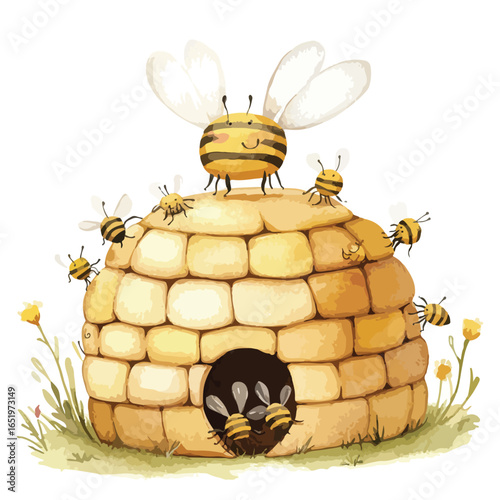 Cute Honeybees in a Colorful Stone Hive with Flowers