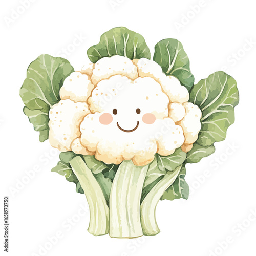 Cute Watercolor Cauliflower with Happy Face and Lush Leaves