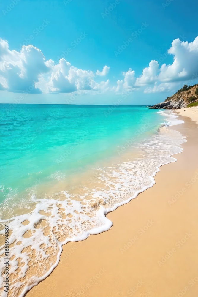 Obraz premium Sun-drenched coastal scene, turquoise water laps gently against golden sand Perfect for summer vacation, travel, and holiday themes Tranquil ocean waves and bright sky , coastline, sea, sand dune
