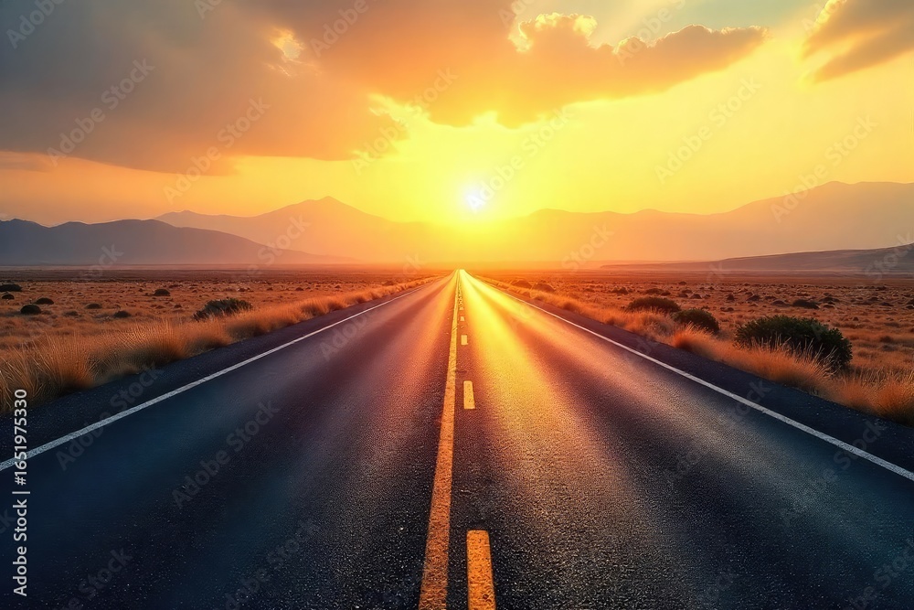 Fototapeta premium Endless asphalt ribbon stretching towards a hazy horizon, sun-drenched landscape fading into distance Perfect for travel, journey, adventure, and freedom concepts , pattern, direction, sky