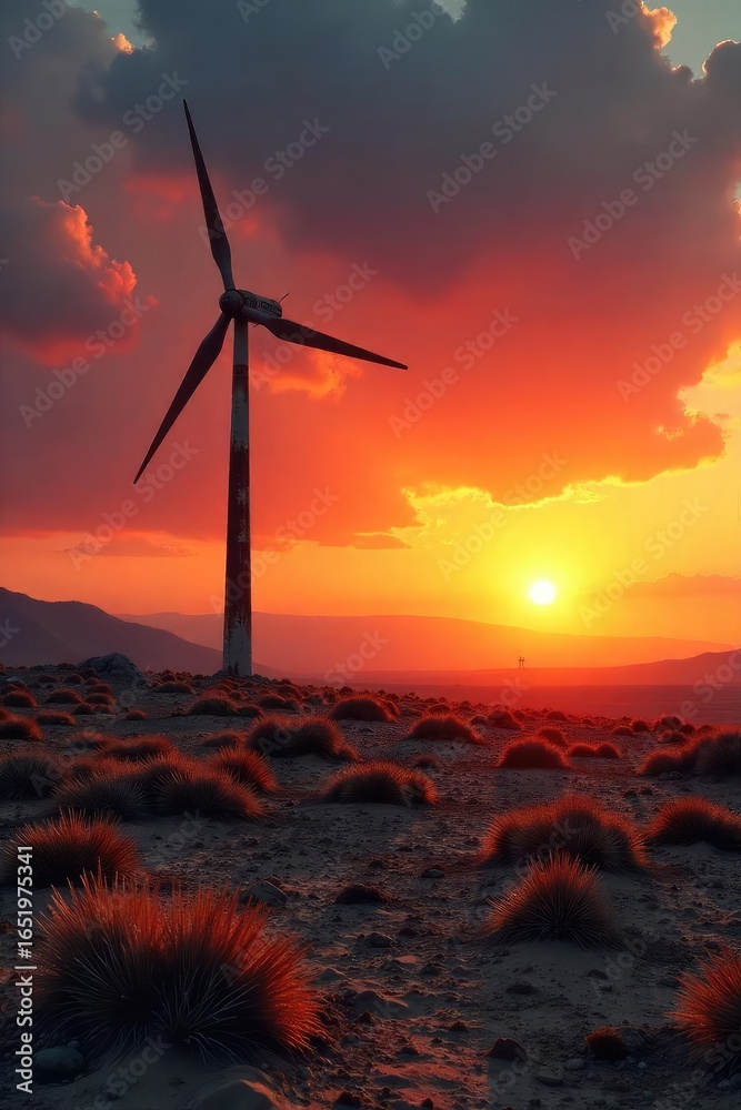 Obraz premium A desolate, sun-baked landscape with a lone, rusting wind turbine silhouetted against a fiery sunset, conveying the struggle for energy in a harsh environment , sunset, machinery, dystopia