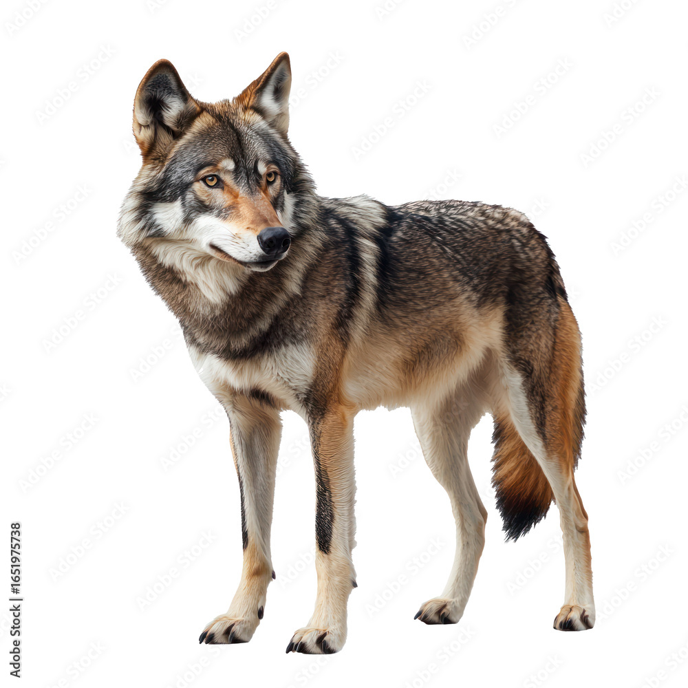 Fototapeta premium Wolf standing A wolf stands tall with ears perked and tail extended. full length isolate on transparent background