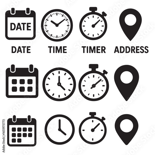 Date, time and address icon set, web icons calendar, clock, stopwatch timer vector