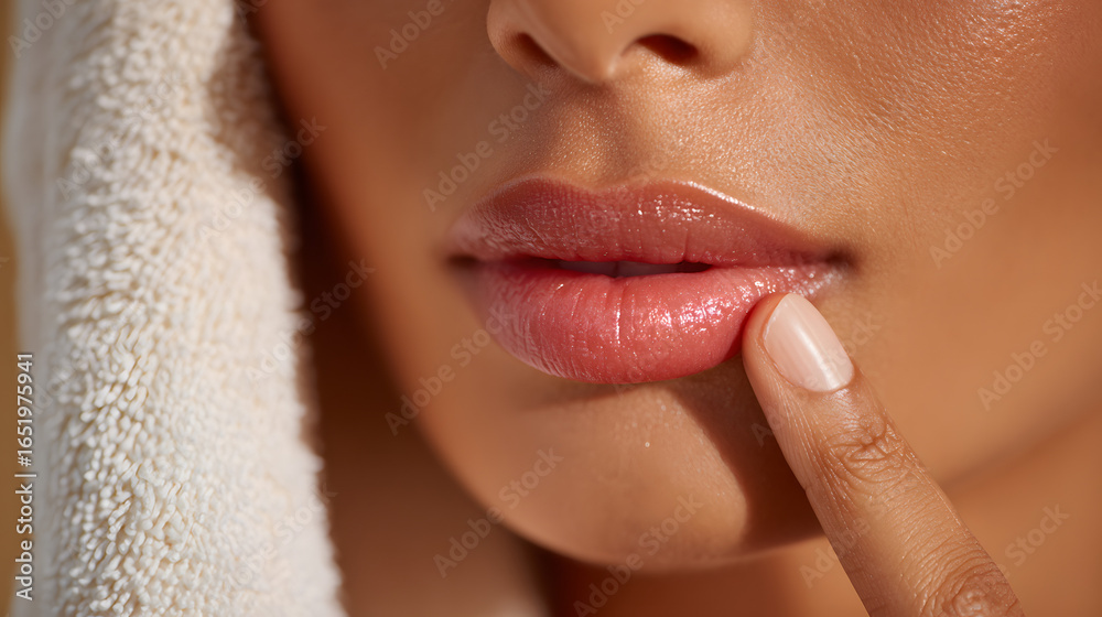 Obraz premium Sensual Lip Care Ritual: A close-up shot of well-defined, glossy lips being gently touched by a manicured finger. The subtle play of light enhances the natural beauty and hints at a self-care routine.