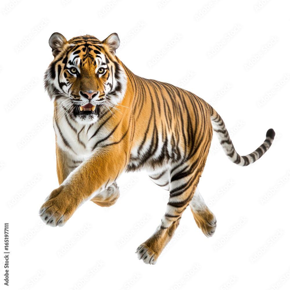 Fototapeta premium Tiger running A tiger dashes swiftly, its body stretched and muscles rippling. full length isolate on transparent background