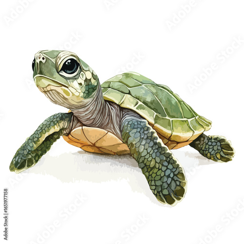Detailed Illustration of a Young Sea Turtle with Green and Tan Hues