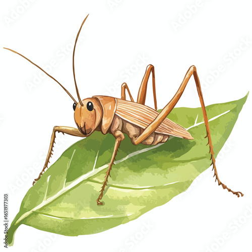 Detailed vector illustration of a brown grasshopper resting on a green leaf
