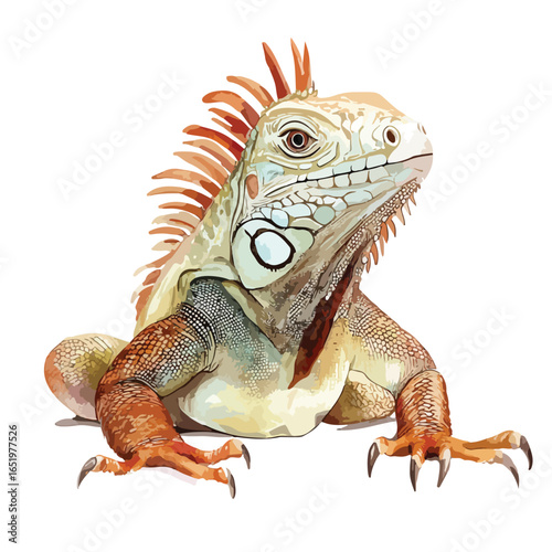 Detailed vector illustration of a Green Iguana with orange spines and patterned skin