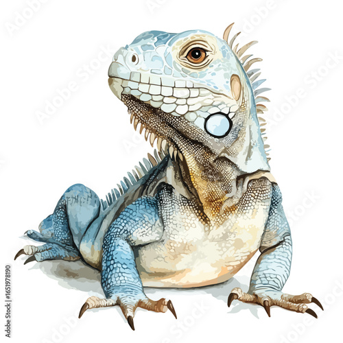 Detailed Watercolor Illustration of a Blue Iguana in a Relaxed Pose