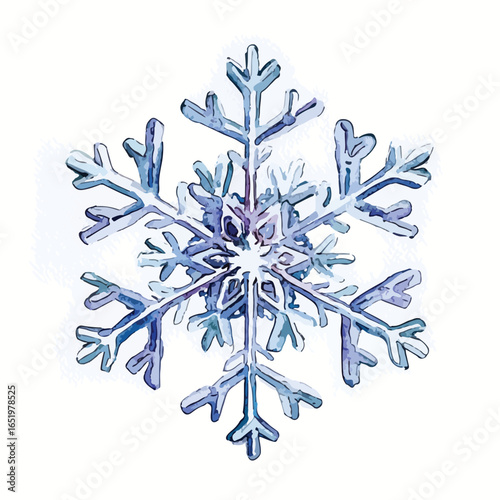 Detailed Watercolor Illustration of a Complex Snowflake