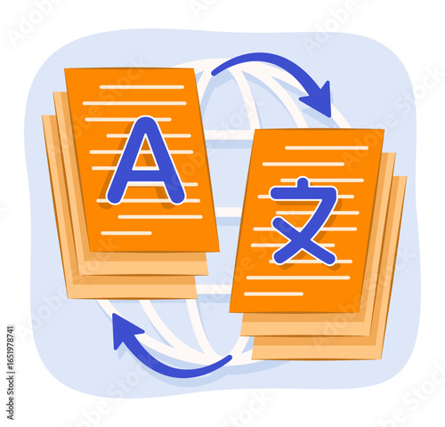 Document Symbols with Language Alphabets and Switching Arrows for Online Multilingual Translation Service Concept Illustration Clip Art
