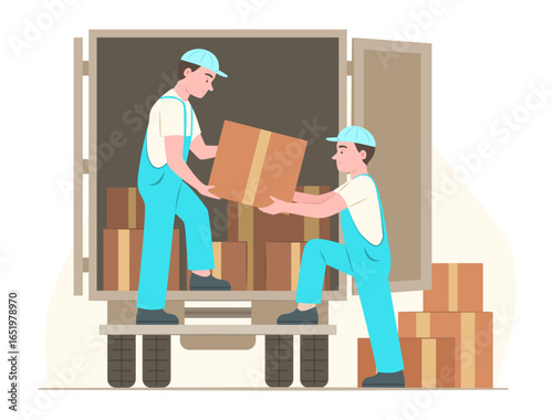 Removalist Delivery Men Staff Help to Moving the Parcel Boxes for Shipping and Logistics Service Concept Illustration
