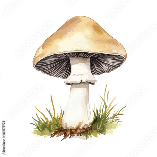 Detailed Watercolor Illustration of a Mushroom with Cap and Stem