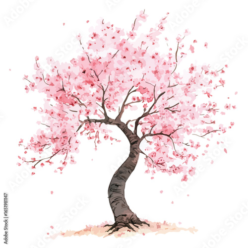 Elegant cherry blossom tree with curved trunk and delicate pink petals