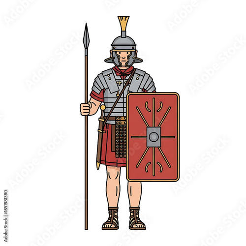 Roman Soldier Illustration, Ancient Warrior with Spear and Shield, Historical Figure