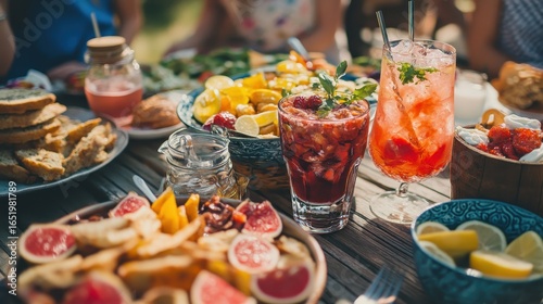 Fototapeta Naklejka Na Ścianę i Meble -  Vibrant Outdoor Feast with Drinks and Fresh Fruits on Table