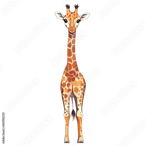 Frontfacing giraffe with watercolor style spots and a long neck