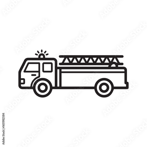 Fire Truck Icon, Emergency Vehicle Line Art, Firefighter Transport Symbol, Vector Illustration.
