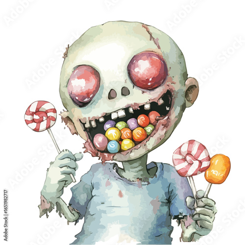 Ghoulish Grinning Zombie Child Devouring Candy