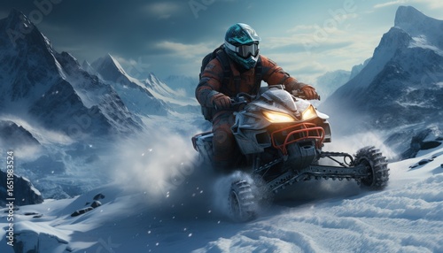 A snowmobile traversing a snowy landscape