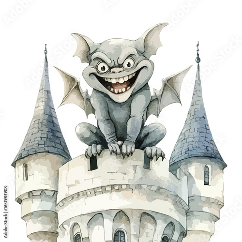 Grinning Gargoyle Perched Atop Castle Turret Displaying Wide Toothy Grin