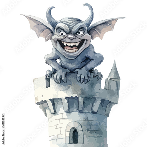 Grinning Gargoyle with Horns Perched Atop a Stone Tower