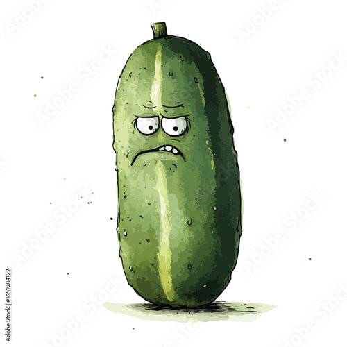 Grumpy Green Pickle Cartoon Character with a Disgruntled Expression