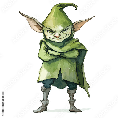 Grumpy Green Goblin with Pointed Hat and Arms Crossed Watercolor Style