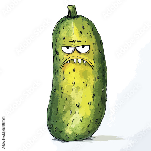 Grumpy Green Pickle Cartoon Character with a Frowning Expression and Visible Teeth