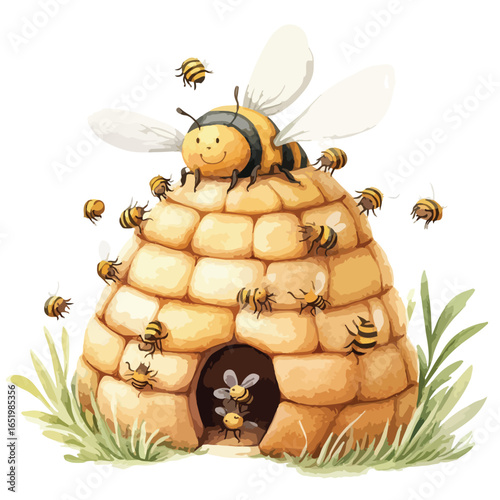 Happy Bees in a Colorful Honeycomb Home