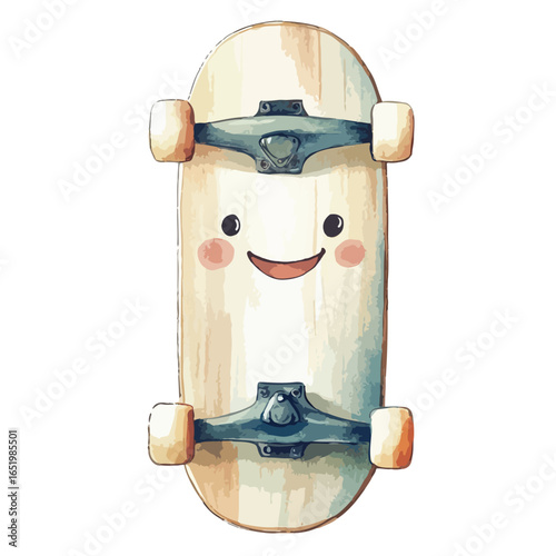 Happy Watercolor Skateboard with Cartoon Face and Trucks