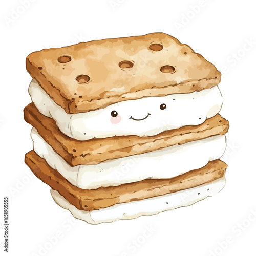 Happy Watercolor Smores Stack Graham Crackers Marshmallow Delight