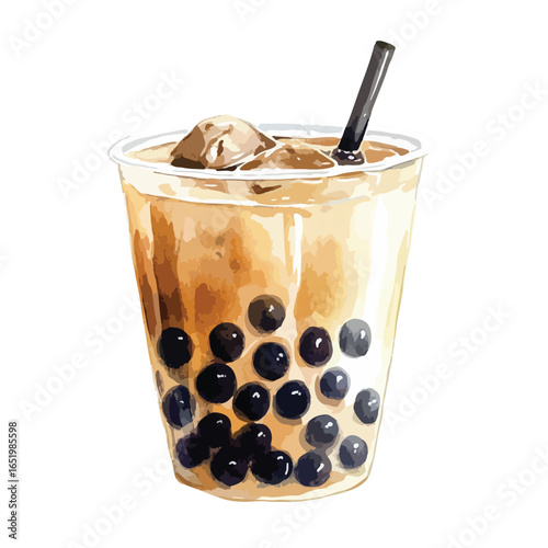 Iced bubble tea in a clear plastic cup with a black straw