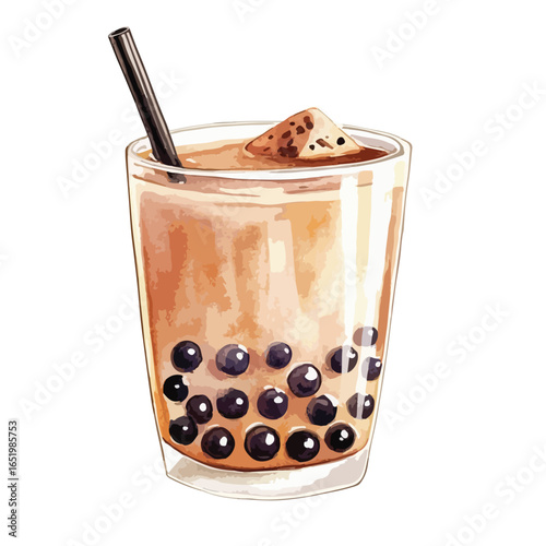 Illustrated boba tea with tapioca pearls ice cube and black straw in a glass