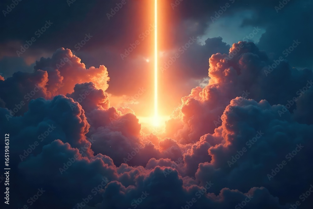 Fototapeta premium A single, bright light beam pierces through dark clouds, symbolizing hope, innovation, and a path to the future A powerful image of inspiration and breakthrough , progress, divine
