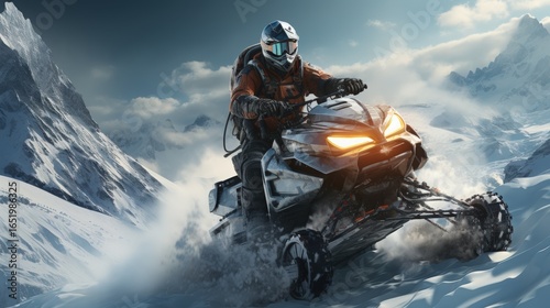 A snowmobile traversing a snowy landscape