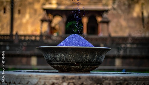 Vibrant Purple Sand Falling Gracefully Into Decorative Bowl Against Historic Background