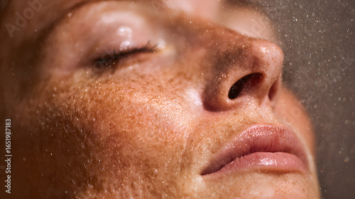 Refreshing Embrace: A close-up shot of a woman's serene face experiences the invigorating rush of a shower. Capturing a moment of pure renewal and sensory bliss.