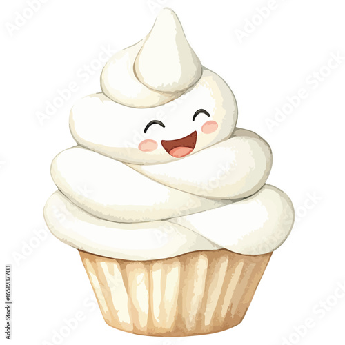 Joyful Whipped Cream Cupcake with a Playful Face