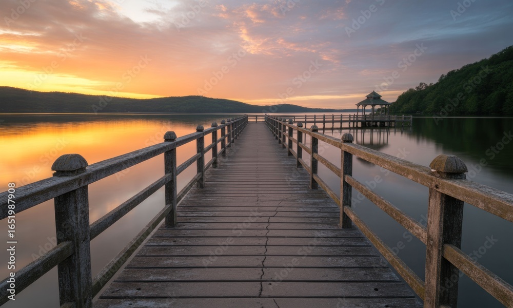 Wooden pier at sunrise over calm lake Wooden pier at sunrise over calm lake