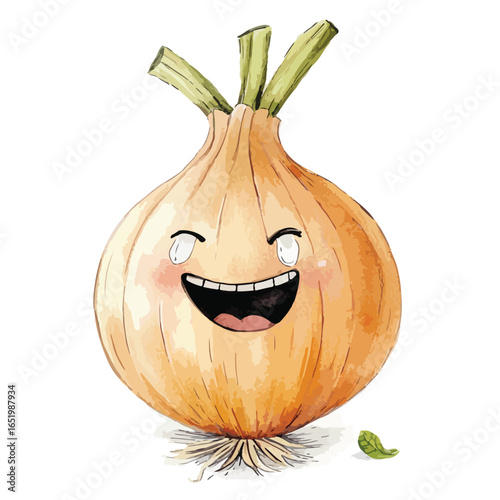 Laughing Onion Character with Green Shoots and a Small Leaf