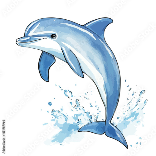 Leaping Blue Dolphin with Watercolor Splashes Expressing Joyful Freedom