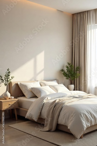 A serene, minimalist bedroom with a calming neutral palette, featuring a textured wall and soft natural light Perfect for interior design, home decor, and relaxation themes , design, atmosphere