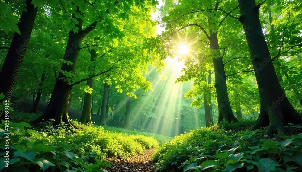 Fototapeta premium Lush green forest canopy, dappled sunlight filtering through leaves, vibrant foliage, tranquil nature scene, perfect for environmental themes , tranquil, flora, ecology